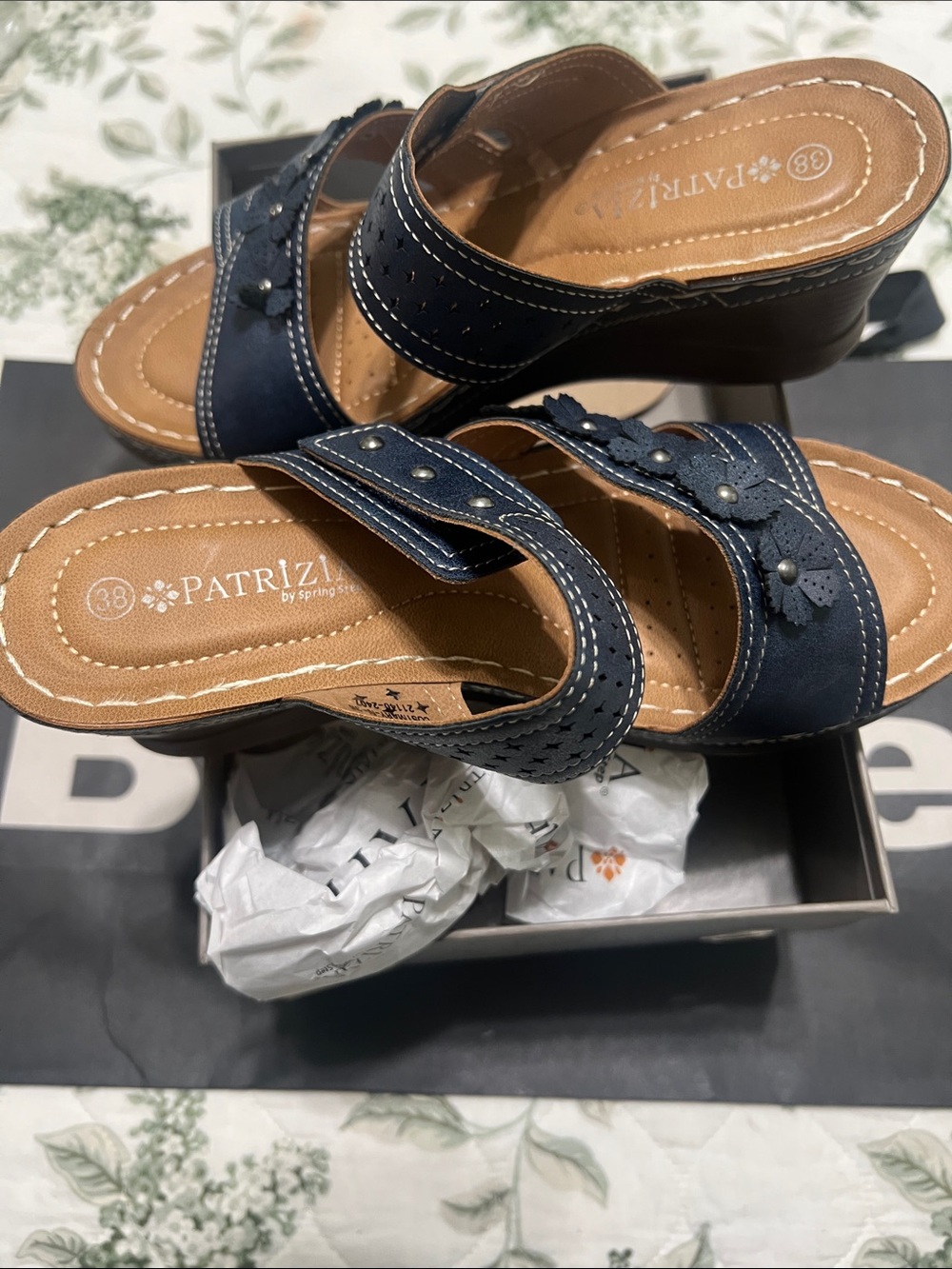 Navy Floral-Accent Wedge Mules